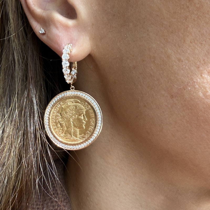 22k French Coin Earrings with 18k Rose Gold Diamond Halo
