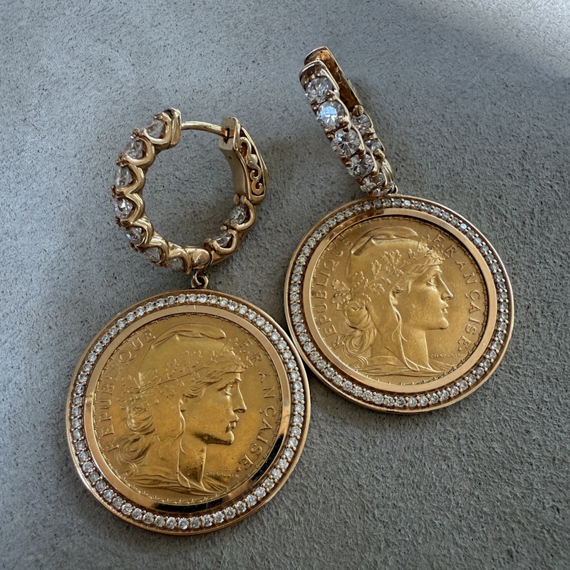 22k French Coin Earrings with 18k Rose Gold Diamond Halo