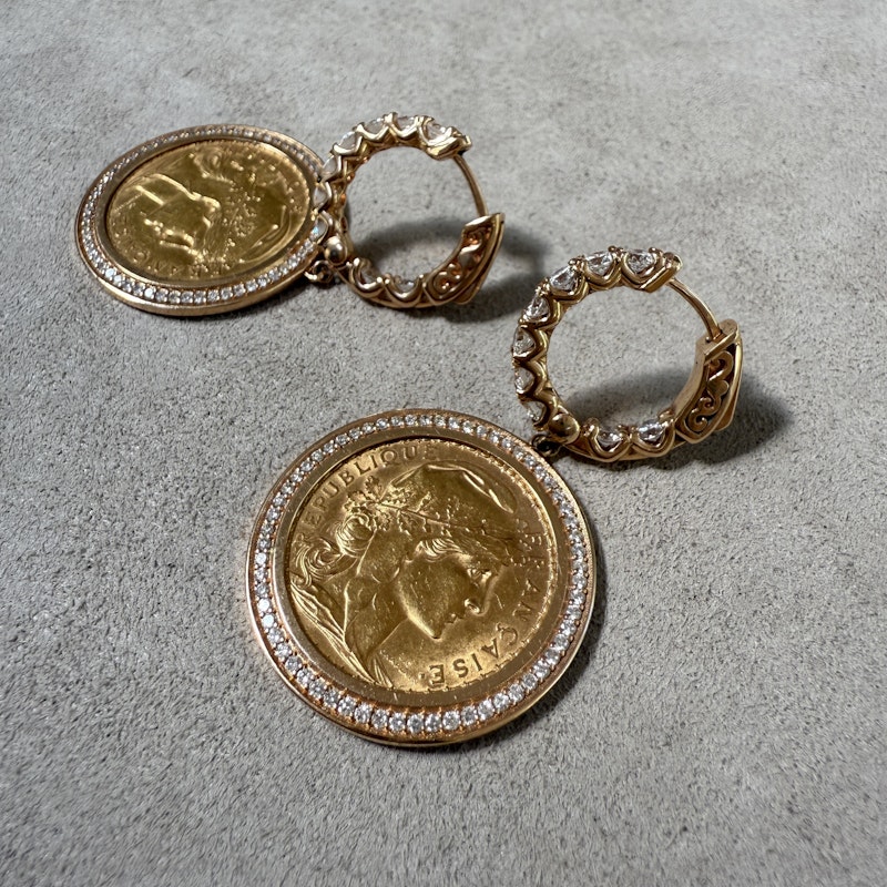 22k French Coin Earrings with 18k Rose Gold Diamond Halo