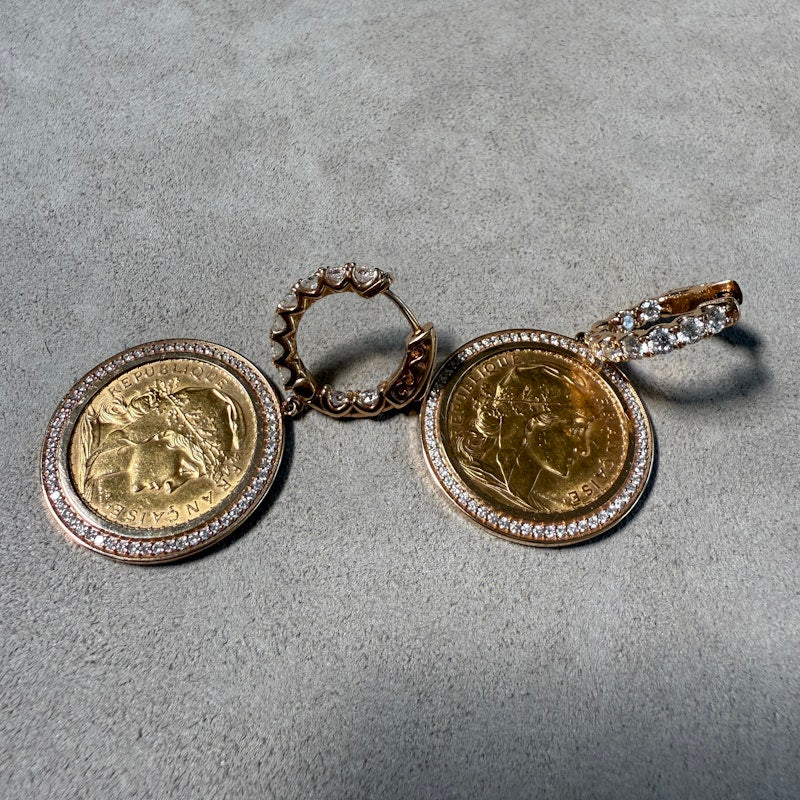 22k French Coin Earrings with 18k Rose Gold Diamond Halo