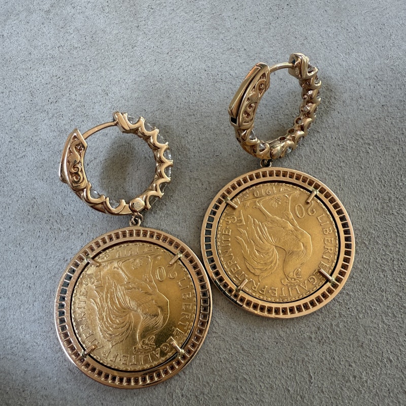 22k French Coin Earrings with 18k Rose Gold Diamond Halo