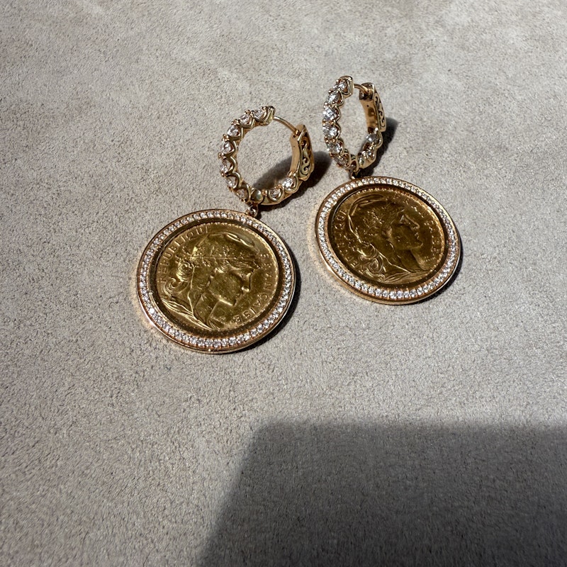 22k French Coin Earrings with 18k Rose Gold Diamond Halo