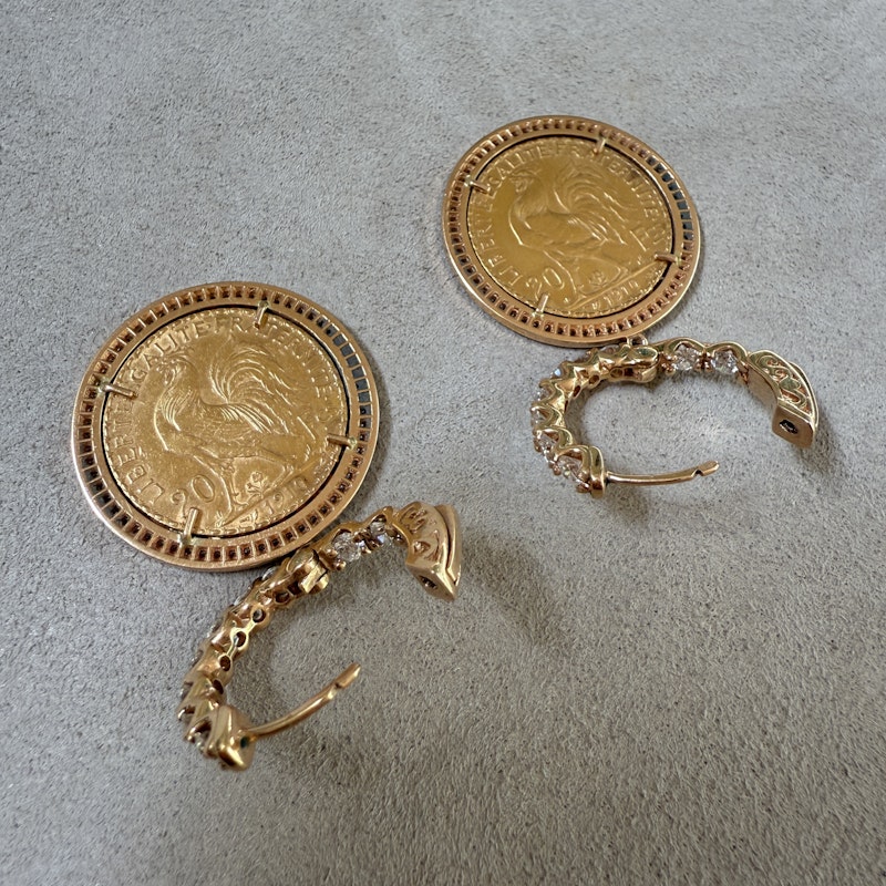 22k French Coin Earrings with 18k Rose Gold Diamond Halo