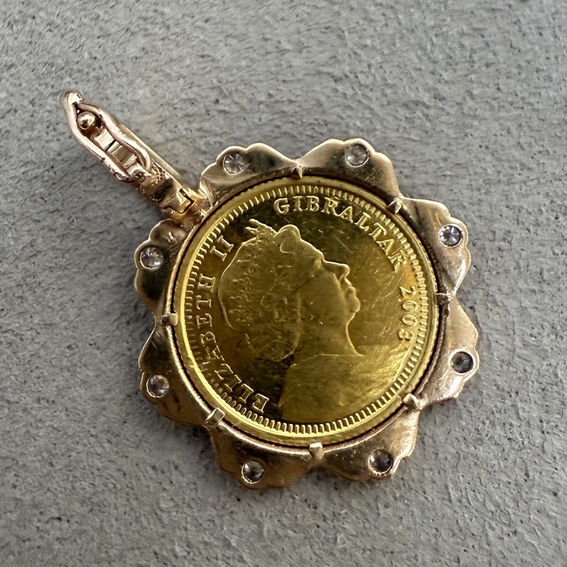 24k Gold Angel Coin Pendant with 18k Rose Gold Diamond Bezel