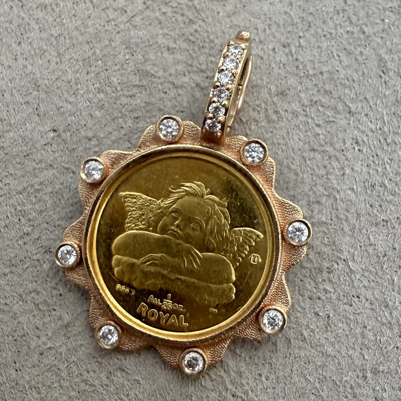 24k Gold Angel Coin Pendant with 18k Rose Gold Diamond Bezel
