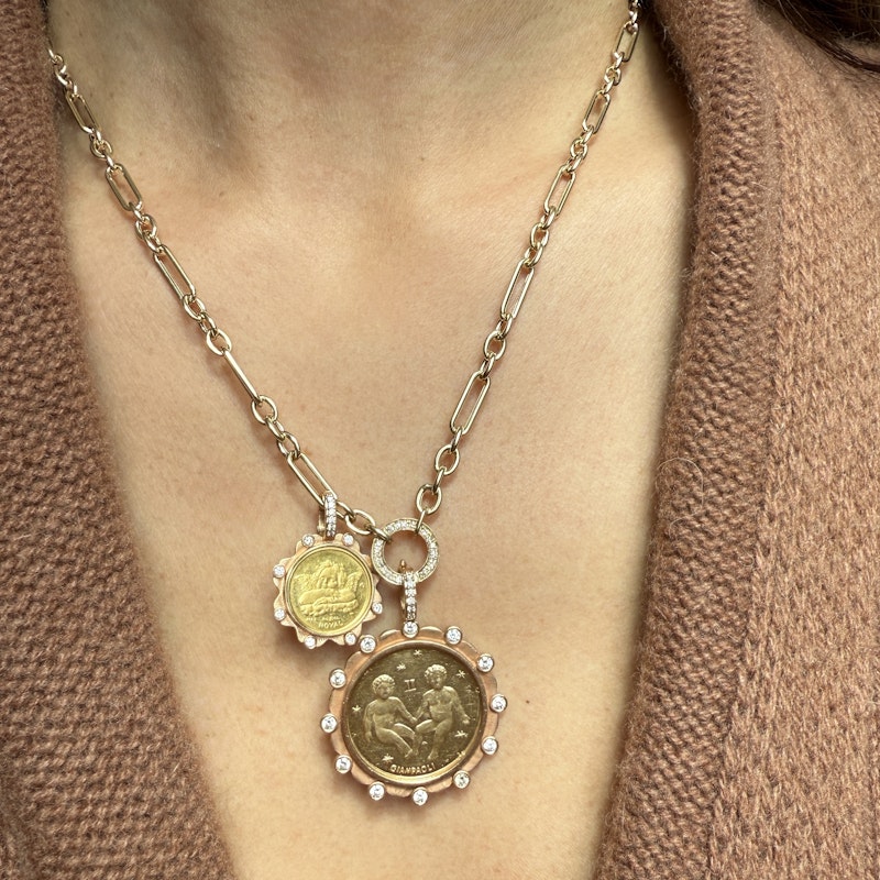 24k Gold Angel Coin Pendant with 18k Rose Gold Diamond Bezel