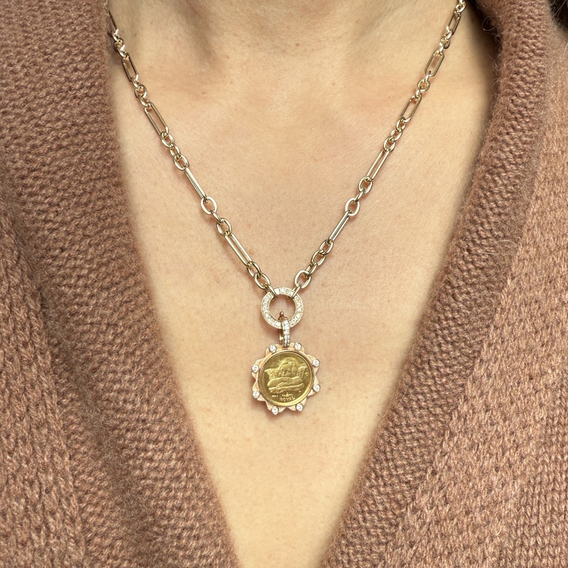 24k Gold Angel Coin Pendant with 18k Rose Gold Diamond Bezel