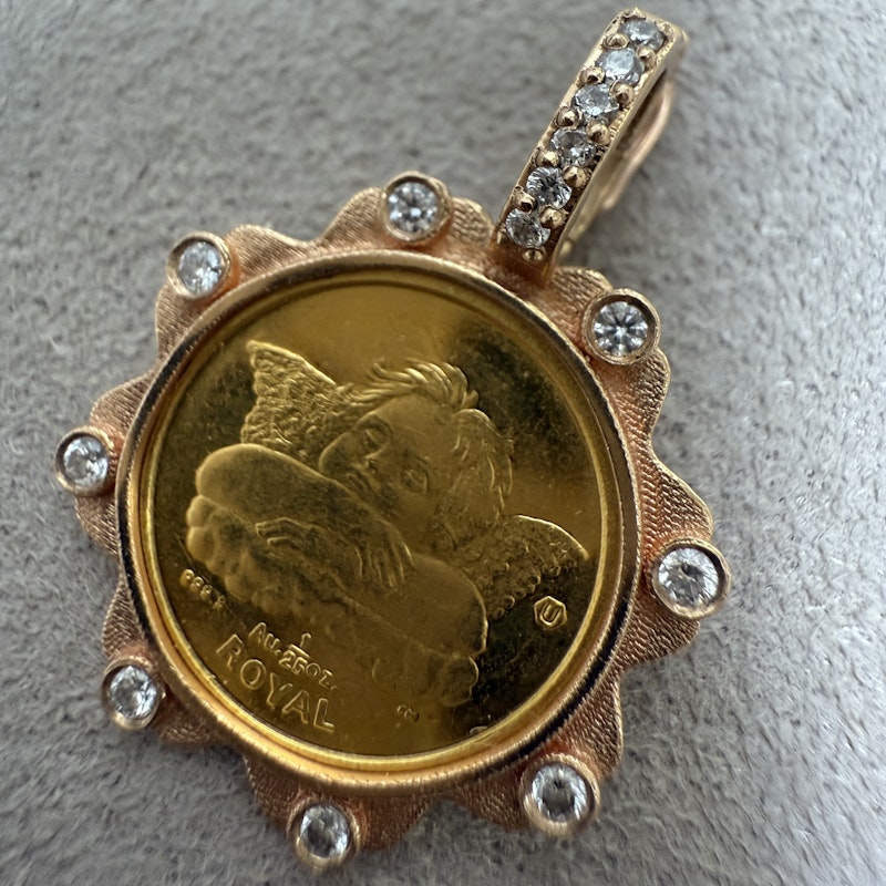 24k Gold Angel Coin Pendant with 18k Rose Gold Diamond Bezel