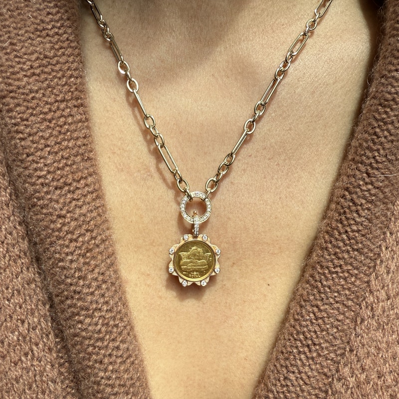 24k Gold Angel Coin Pendant with 18k Rose Gold Diamond Bezel