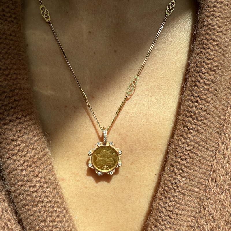 24k Gold Angel Coin Pendant with 18k Rose Gold Diamond Bezel