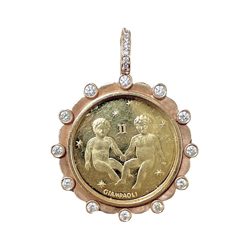 18k Yellow Gold Gemini Coin Pendant with 18k Rose Gold Diamond Border