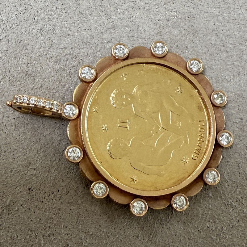 18k Yellow Gold Gemini Coin Pendant with 18k Rose Gold Diamond Border
