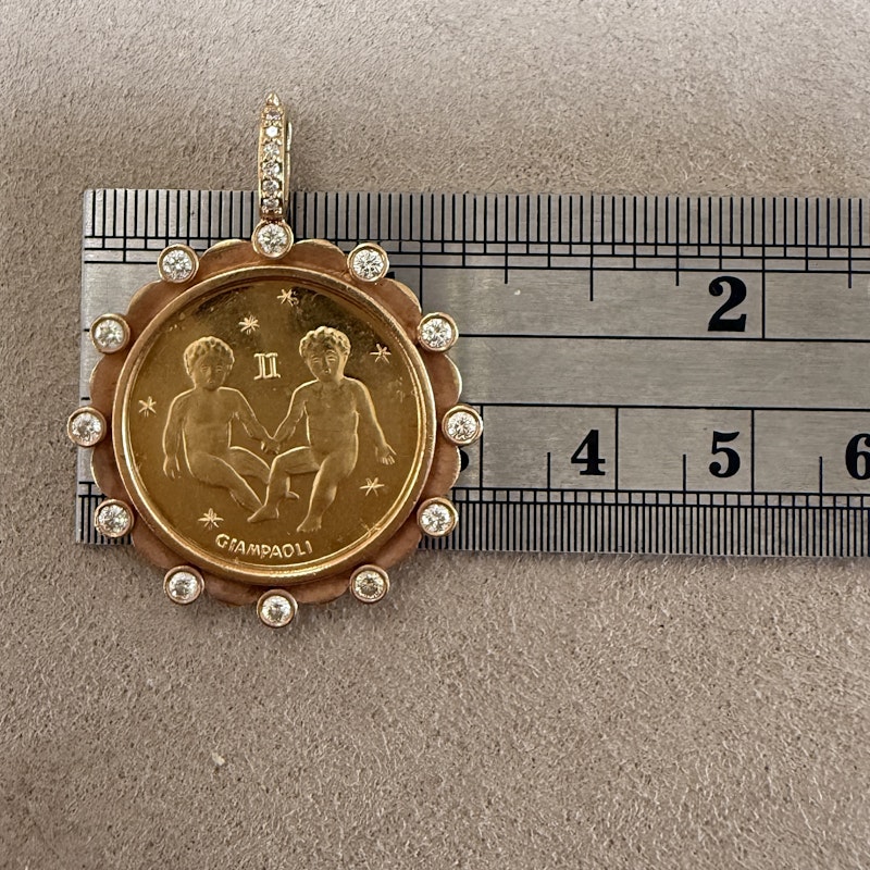 18k Yellow Gold Gemini Coin Pendant with 18k Rose Gold Diamond Border