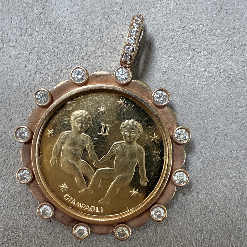 18k Yellow Gold Gemini Coin Pendant with 18k Rose Gold Diamond Border