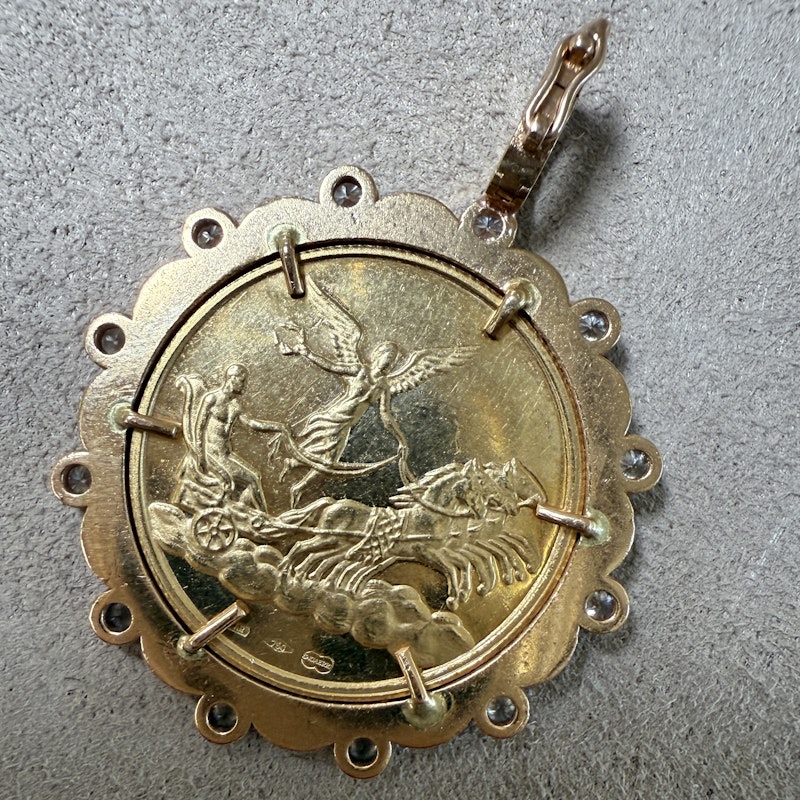 18k Yellow Gold Gemini Coin Pendant with 18k Rose Gold Diamond Border