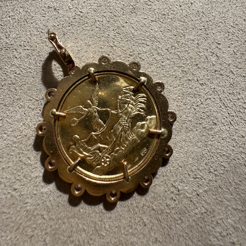 18k Yellow Gold Gemini Coin Pendant with 18k Rose Gold Diamond Border