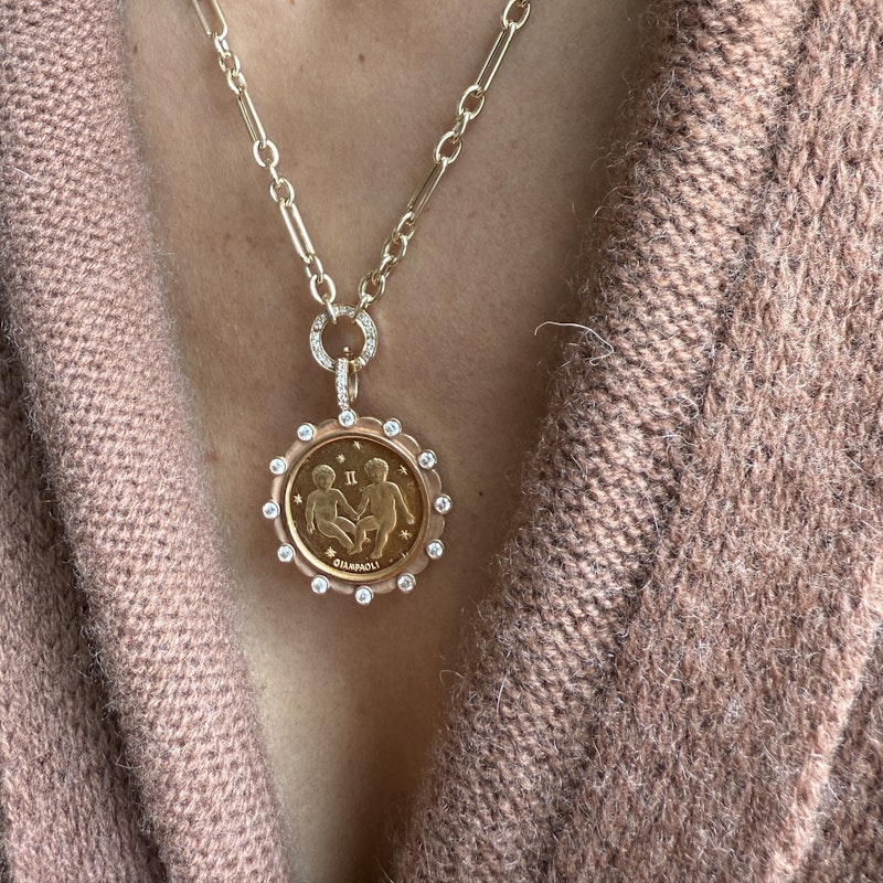 18k Yellow Gold Gemini Coin Pendant with 18k Rose Gold Diamond Border