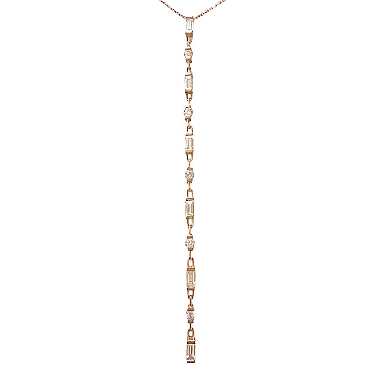18k Rose Gold Baguette and Round Diamond Lariat Necklace