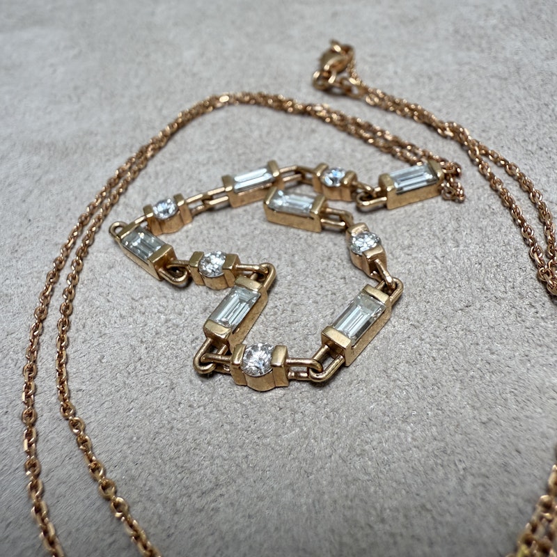 18k Rose Gold Baguette and Round Diamond Lariat Necklace