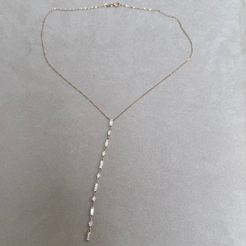18k Rose Gold Baguette and Round Diamond Lariat Necklace