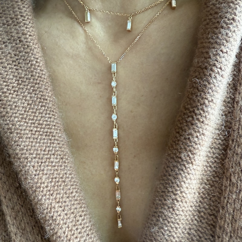 18k Rose Gold Baguette and Round Diamond Lariat Necklace