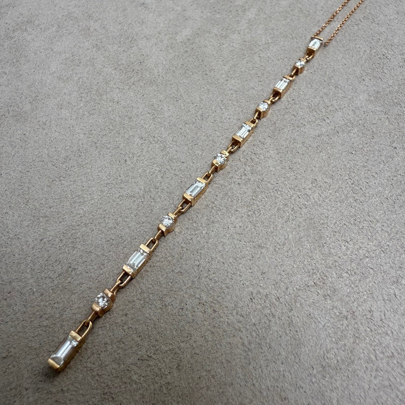 18k Rose Gold Baguette and Round Diamond Lariat Necklace