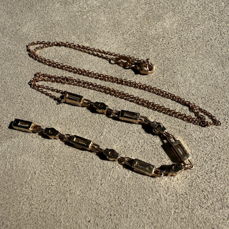 18k Rose Gold Baguette and Round Diamond Lariat Necklace