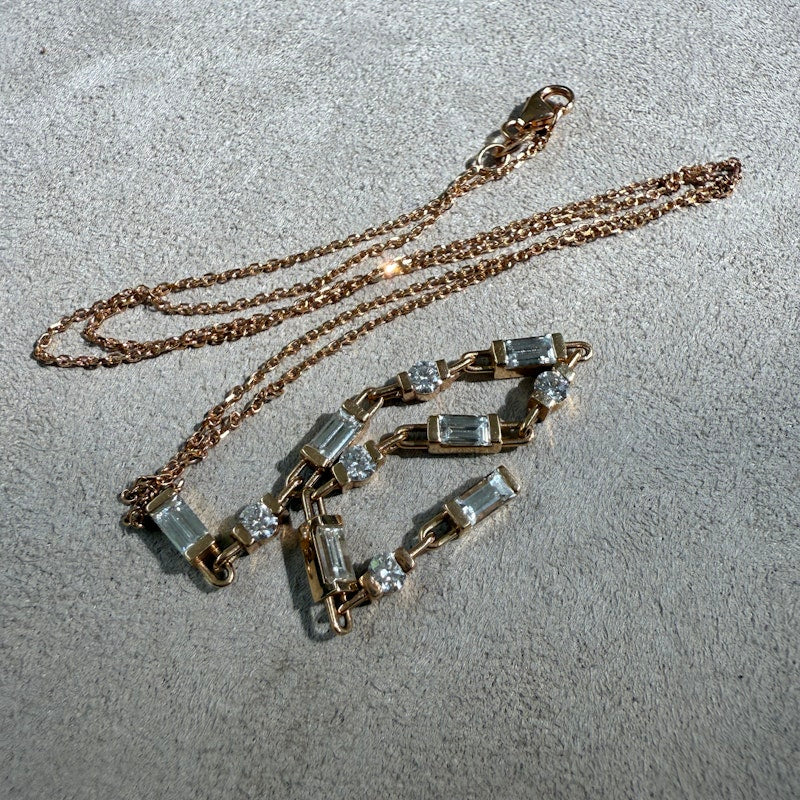 18k Rose Gold Baguette and Round Diamond Lariat Necklace