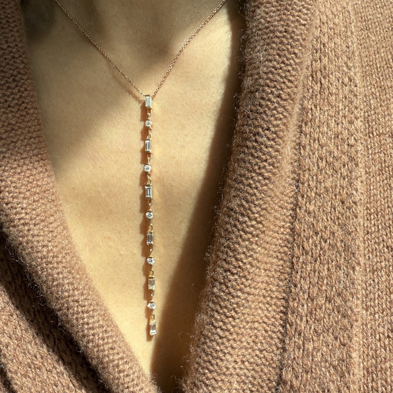 18k Rose Gold Baguette and Round Diamond Lariat Necklace