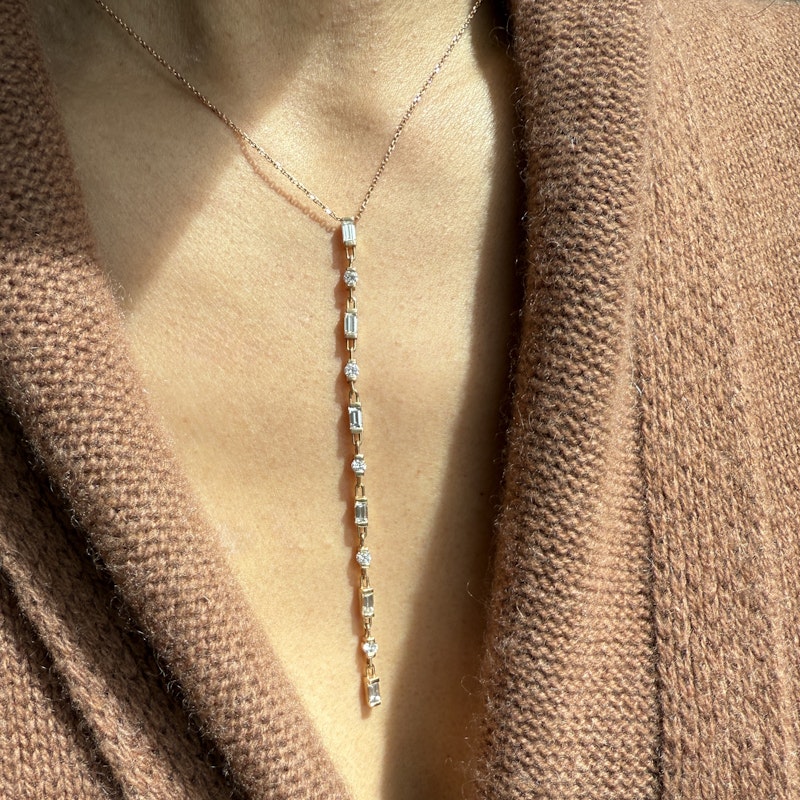 18k Rose Gold Baguette and Round Diamond Lariat Necklace