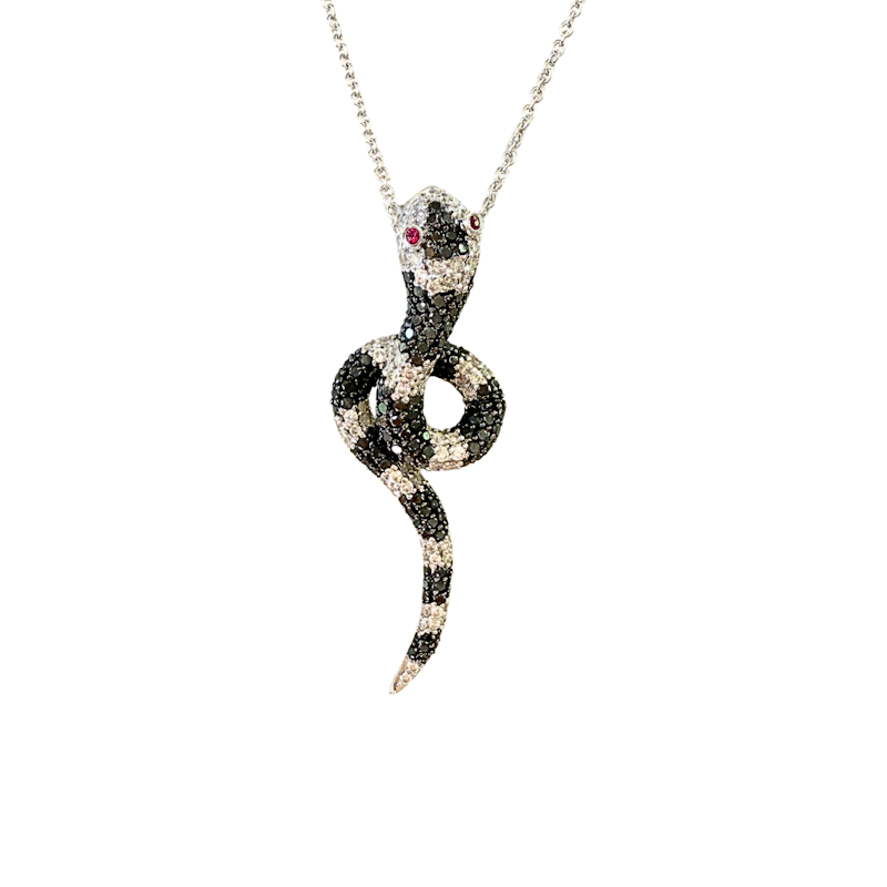 Black & White Diamond Snake Necklace with Ruby Eyes