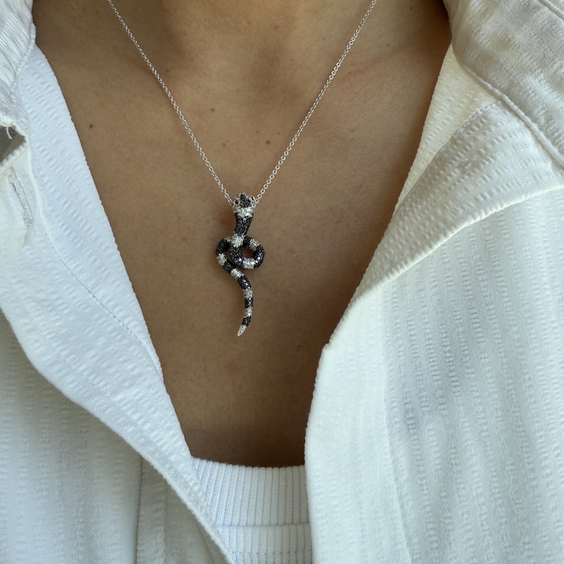 Black & White Diamond Snake Necklace with Ruby Eyes