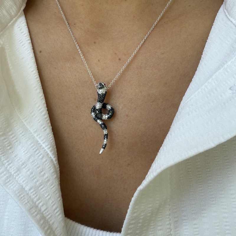 Black & White Diamond Snake Necklace with Ruby Eyes