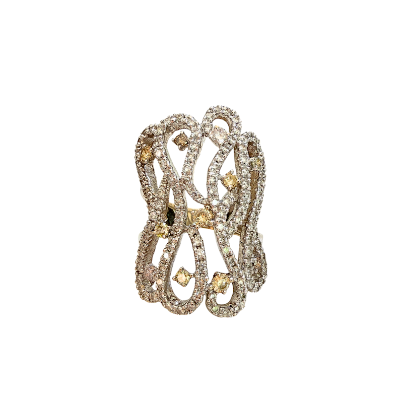 18k White Gold White & Yellow Diamond Filigree Lace Ring