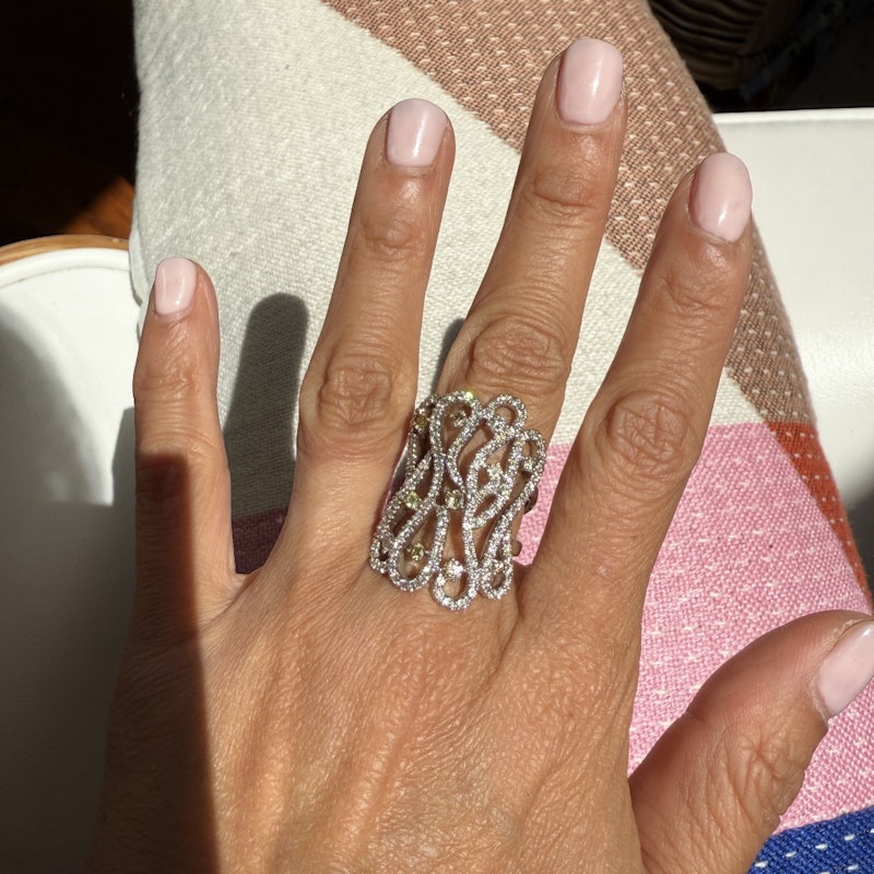 18k White Gold White & Yellow Diamond Filigree Lace Ring