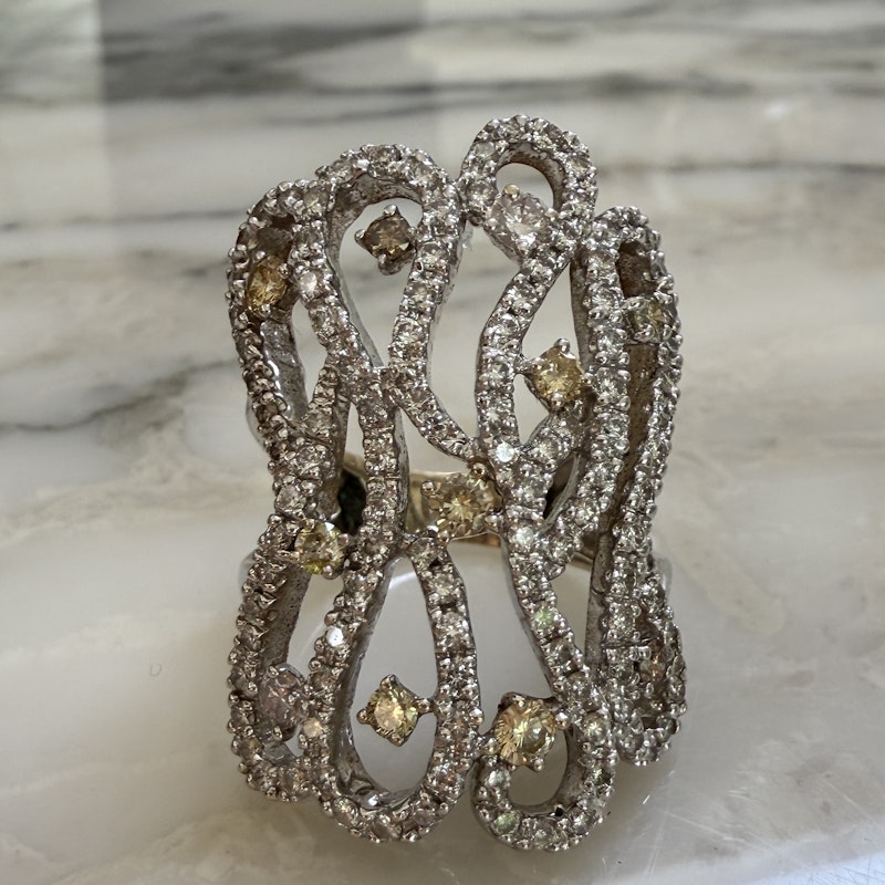 18k White Gold White & Yellow Diamond Filigree Lace Ring