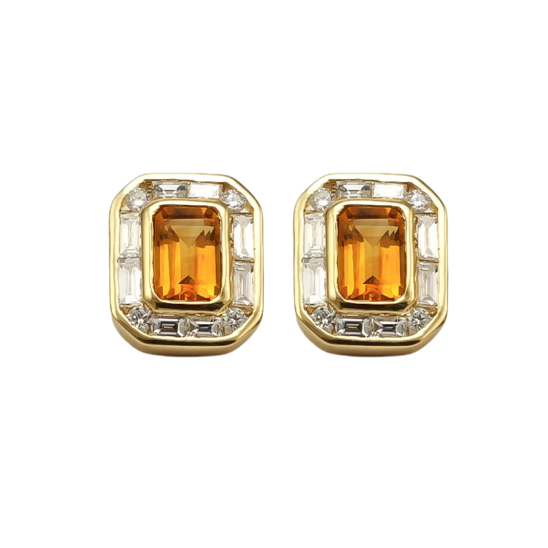 14k Yellow Gold Emerald Cut Citrine and Diamond Stud Earrings