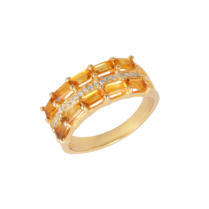 14k Yellow Gold Emerald Cut Citrine and Diamond Ring