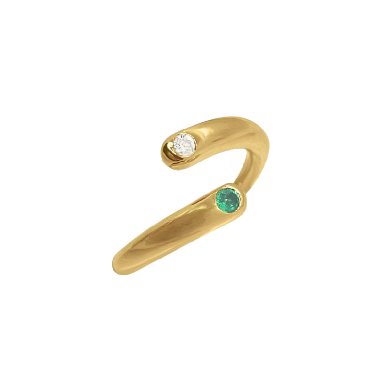 14k Yellow Gold Emerald and Diamond Spiral Bypass Ring