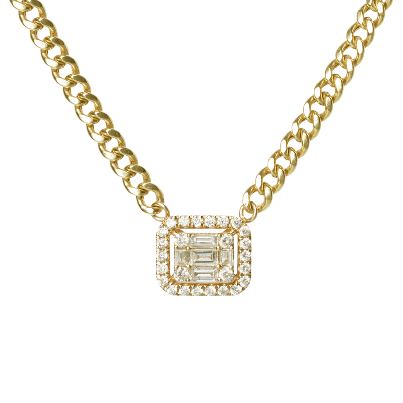 14k Yellow Gold Rectangle Diamond Halo Pendant Curb Chain Necklace