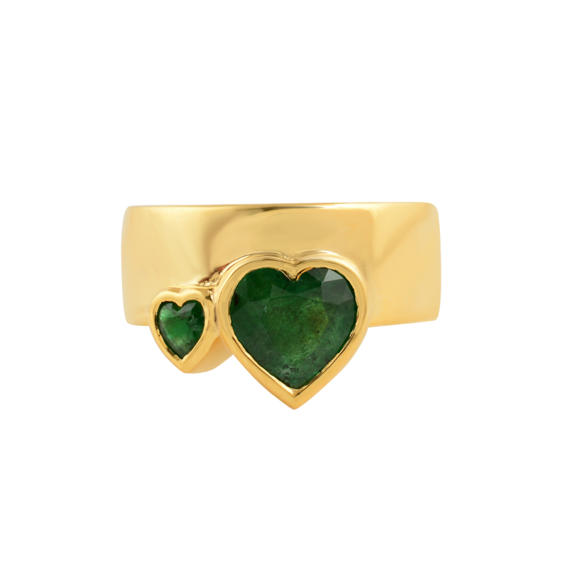 14k Yellow Gold Double Emerald Heart Ring