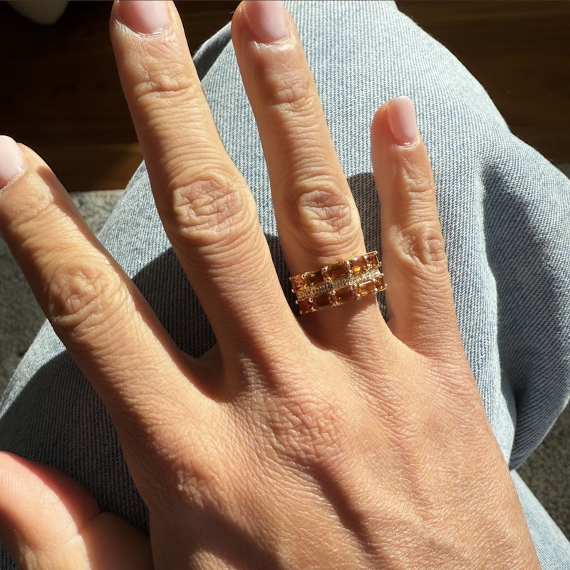14k Yellow Gold Emerald Cut Citrine and Diamond Ring