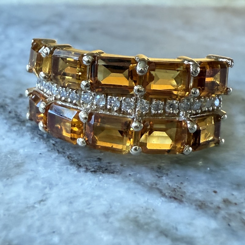 14k Yellow Gold Emerald Cut Citrine and Diamond Ring