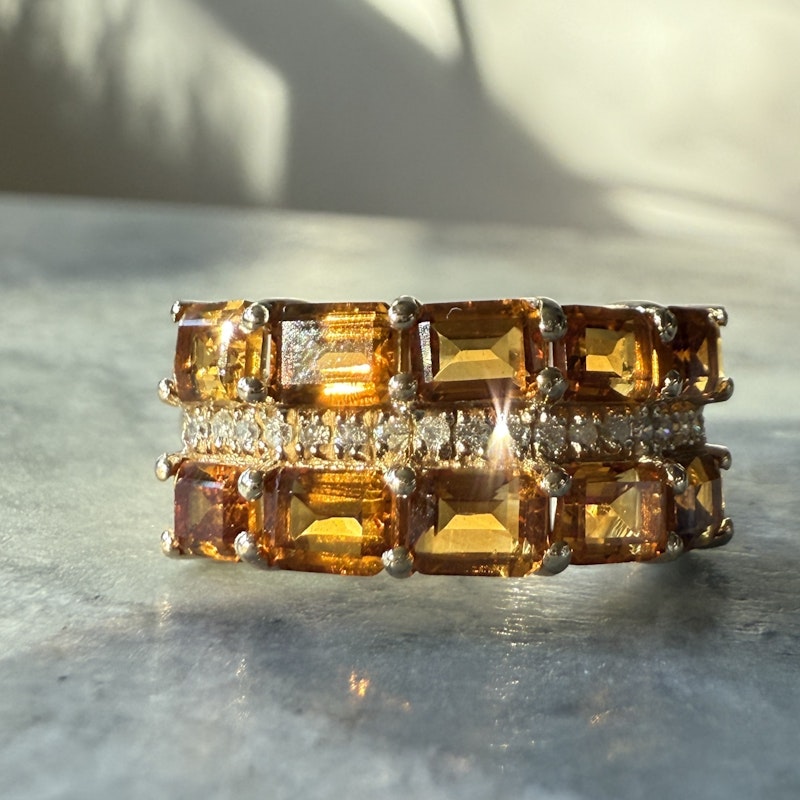 14k Yellow Gold Emerald Cut Citrine and Diamond Ring