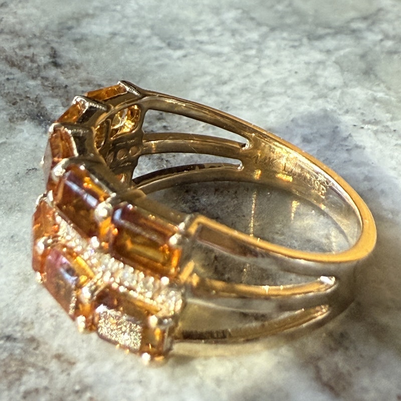 14k Yellow Gold Emerald Cut Citrine and Diamond Ring