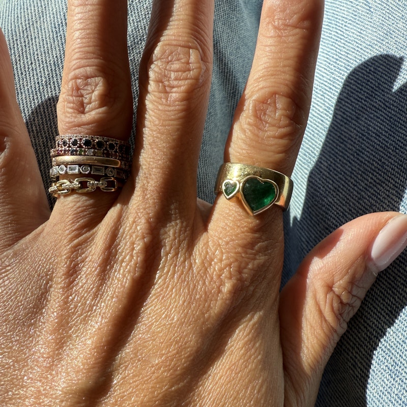 14k Yellow Gold Double Emerald Heart Ring