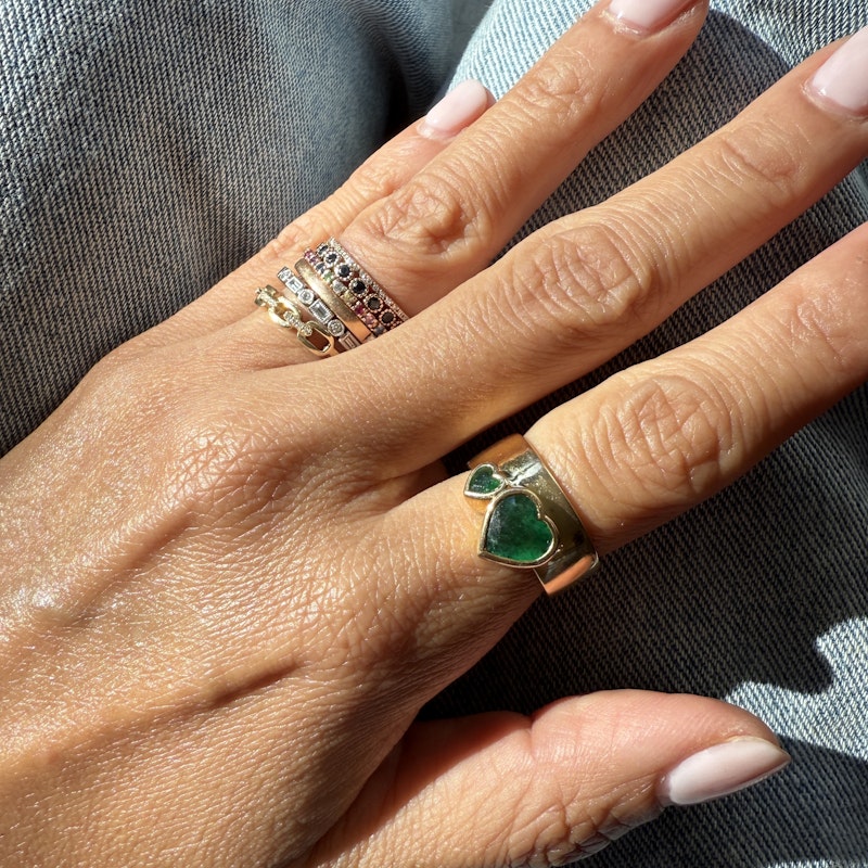 14k Yellow Gold Double Emerald Heart Ring