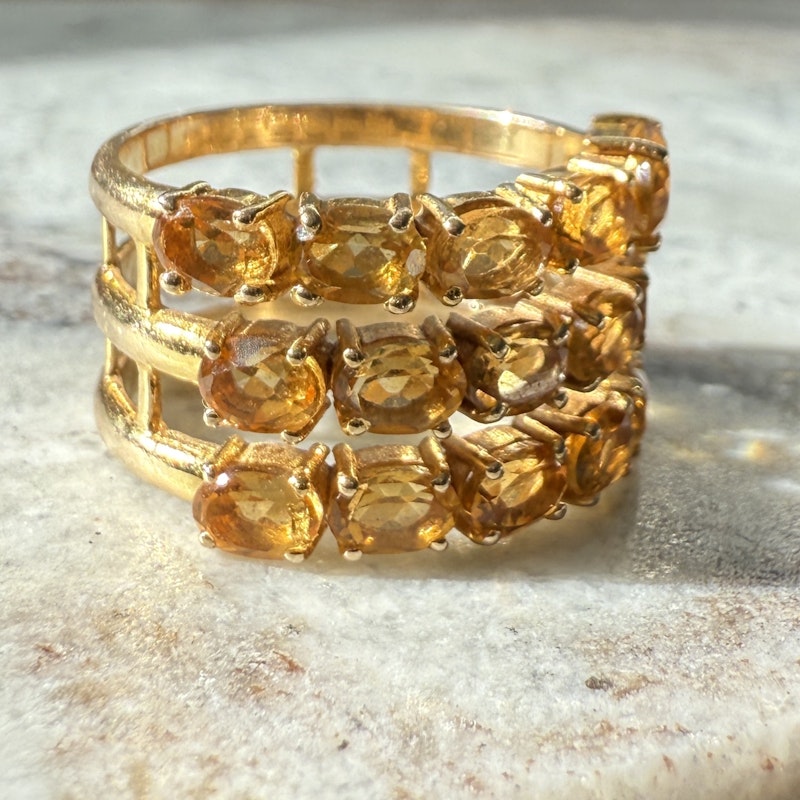 14k Yellow Gold Triple Row Oval Cut Citrine Ring