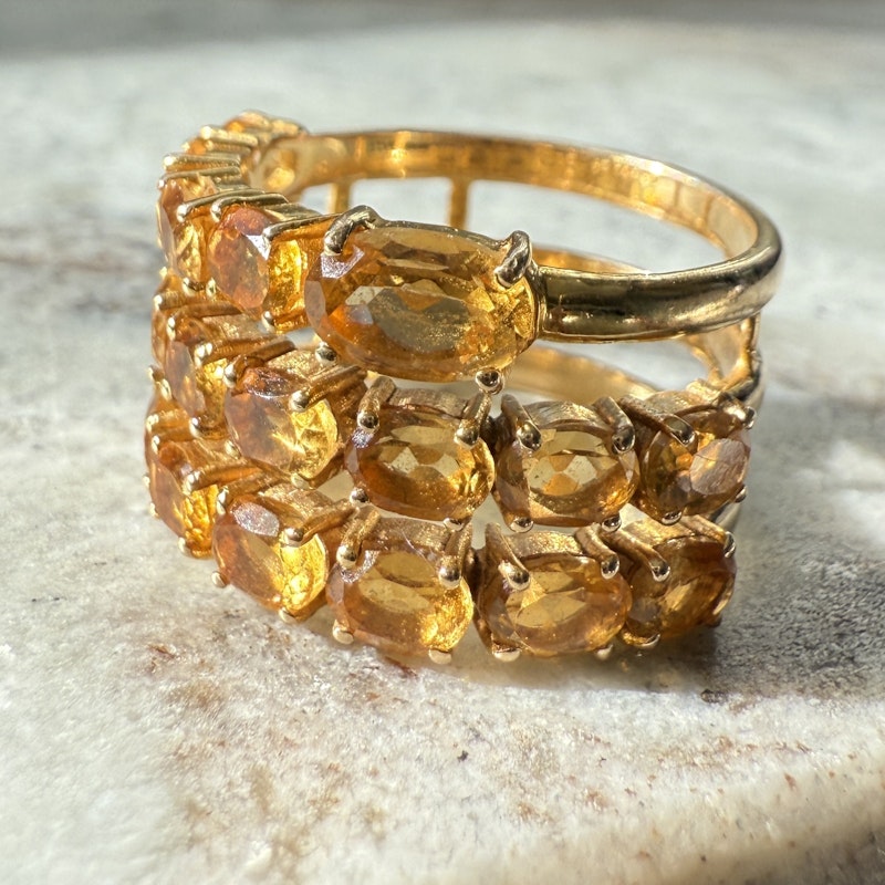 14k Yellow Gold Triple Row Oval Cut Citrine Ring