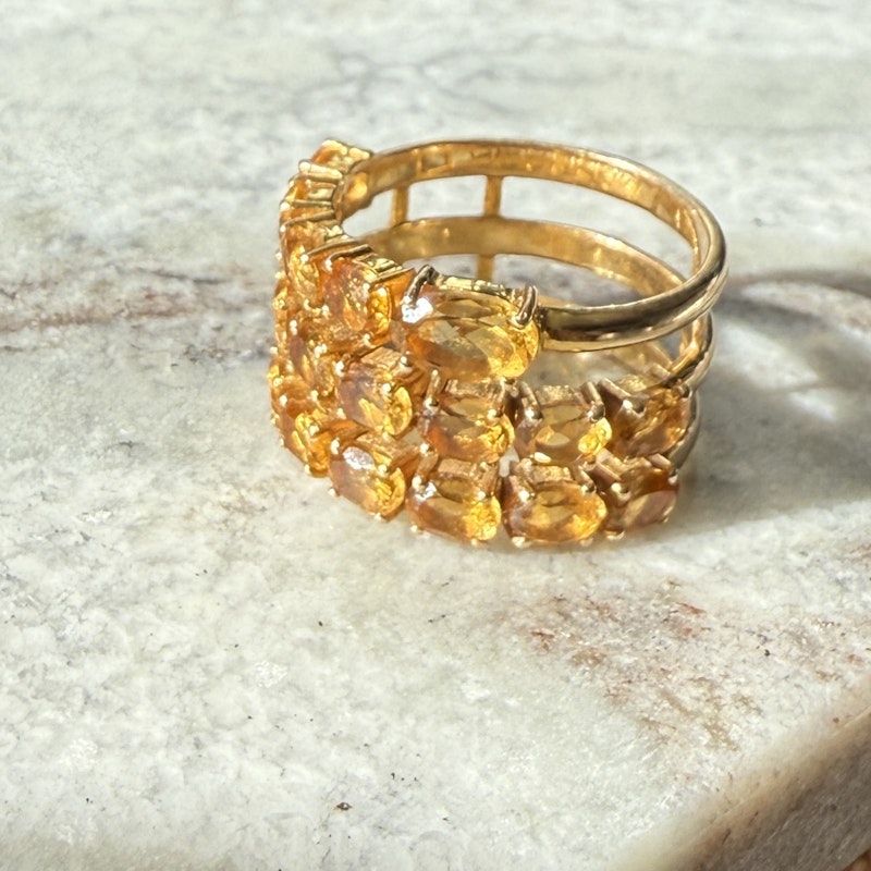 14k Yellow Gold Triple Row Oval Cut Citrine Ring